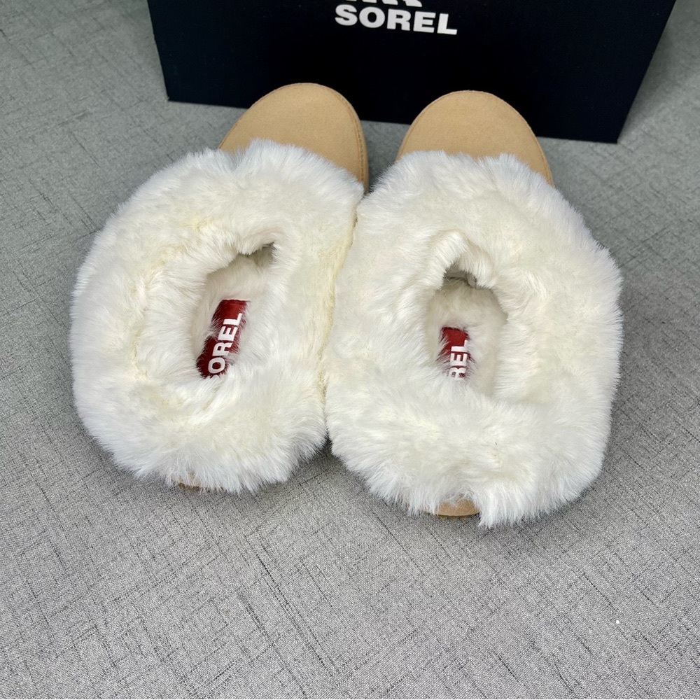Sorel Women’s Go Coffee Run Slippers Tan Suede Leather Fur Slip On Shoes Nwt - Picture 10 of 16